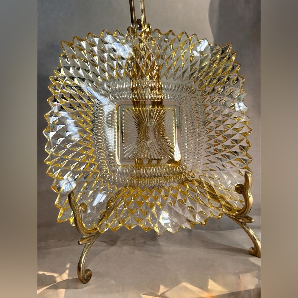 Vintage Federal Glass Ruffled Edge Square Candy Dish Diamond Cut 6 3/4” Amber